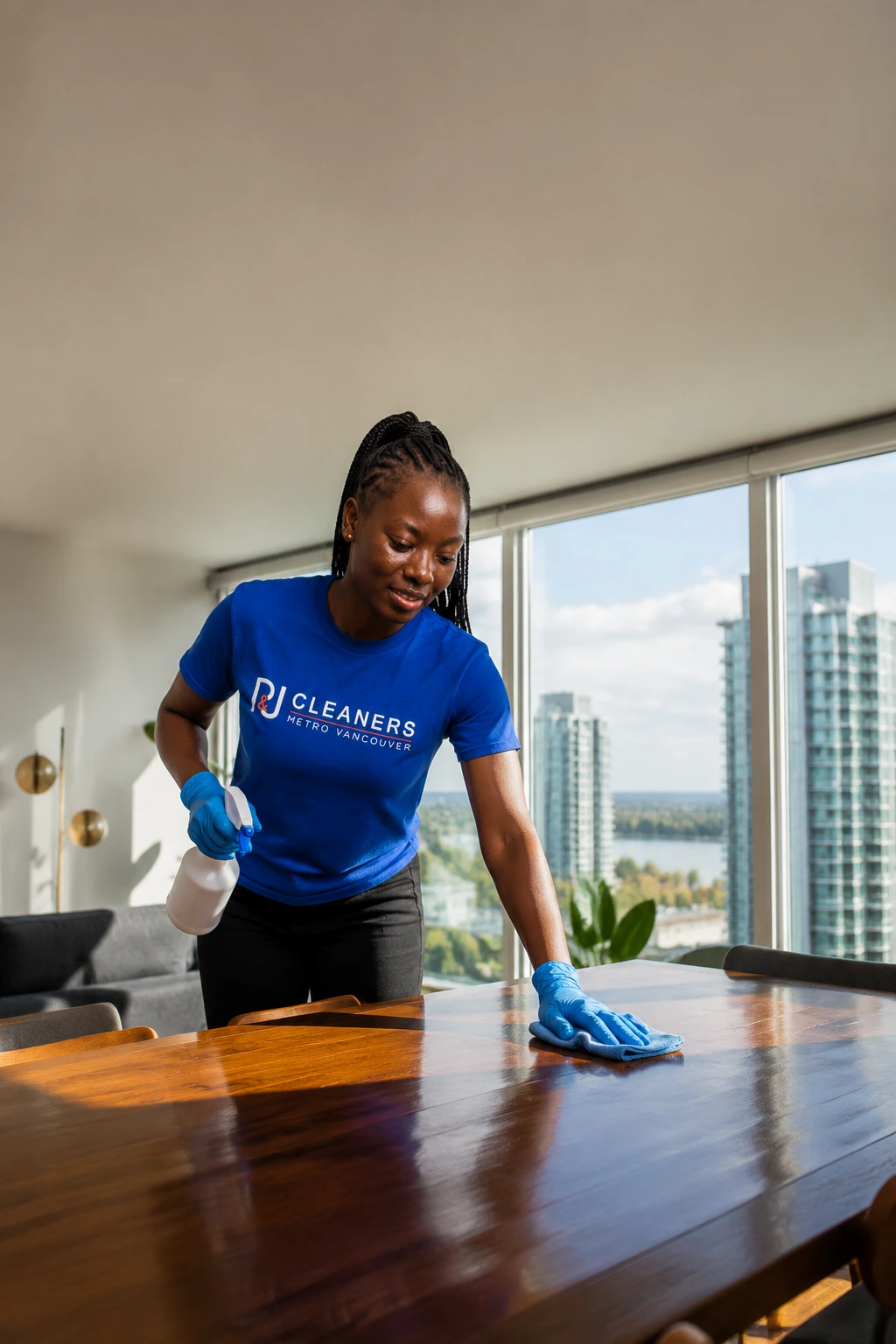 Professional General Cleaning service in Metrotown — cleaner wiping glass table in modern apartment with scenic city view