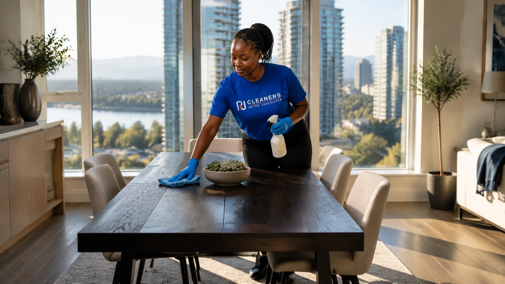 Professional General Cleaning service in Metrotown — cleaner wiping glass table in modern apartment with scenic city view