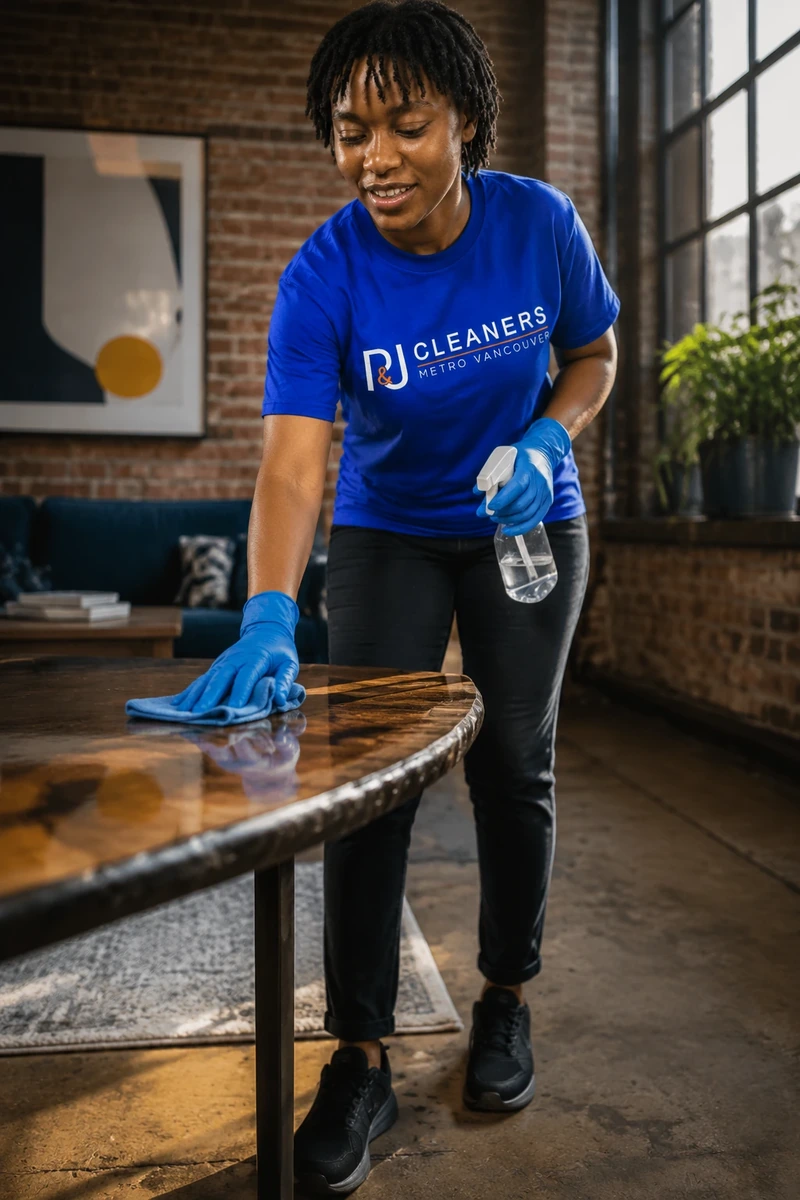 Professional cleaner wiping countertop and stainless steel refrigerator in a modern, bright kitchen β General Cleaning services in Mount Pleasant