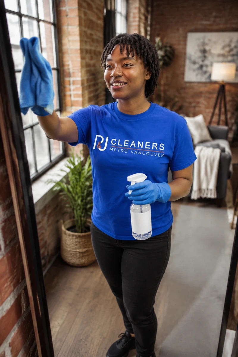 Professional cleaner wiping countertop and stainless steel refrigerator in a modern, bright kitchen β General Cleaning services in Mount Pleasant