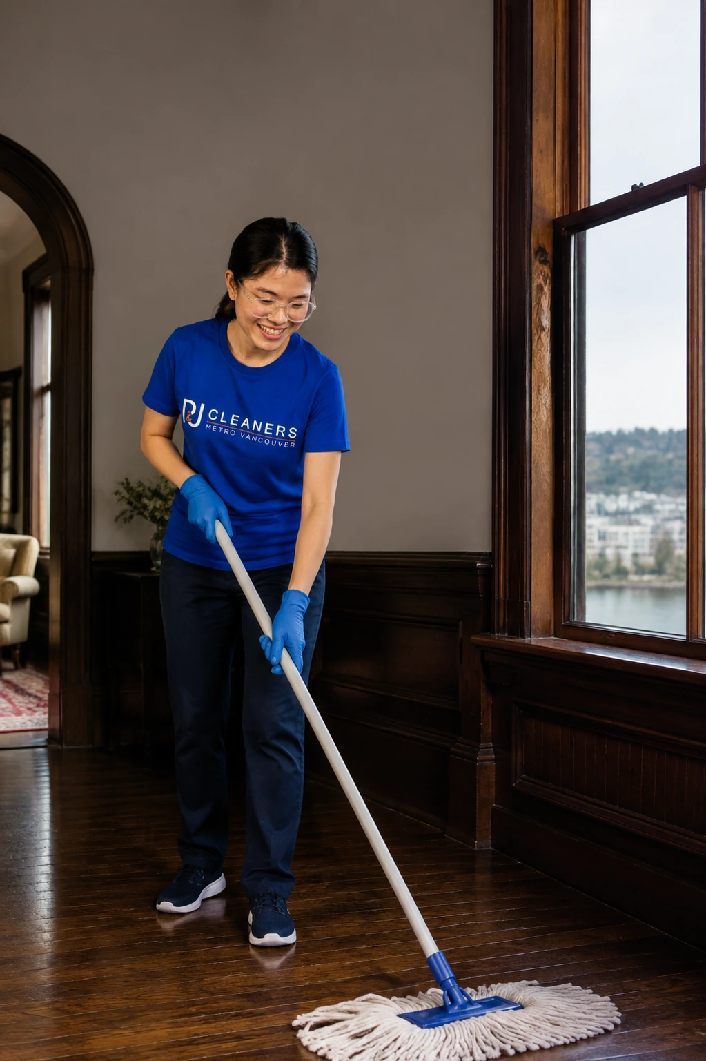 Professional cleaner wiping glass table in modern New Westminster apartment, providing General Cleaning services