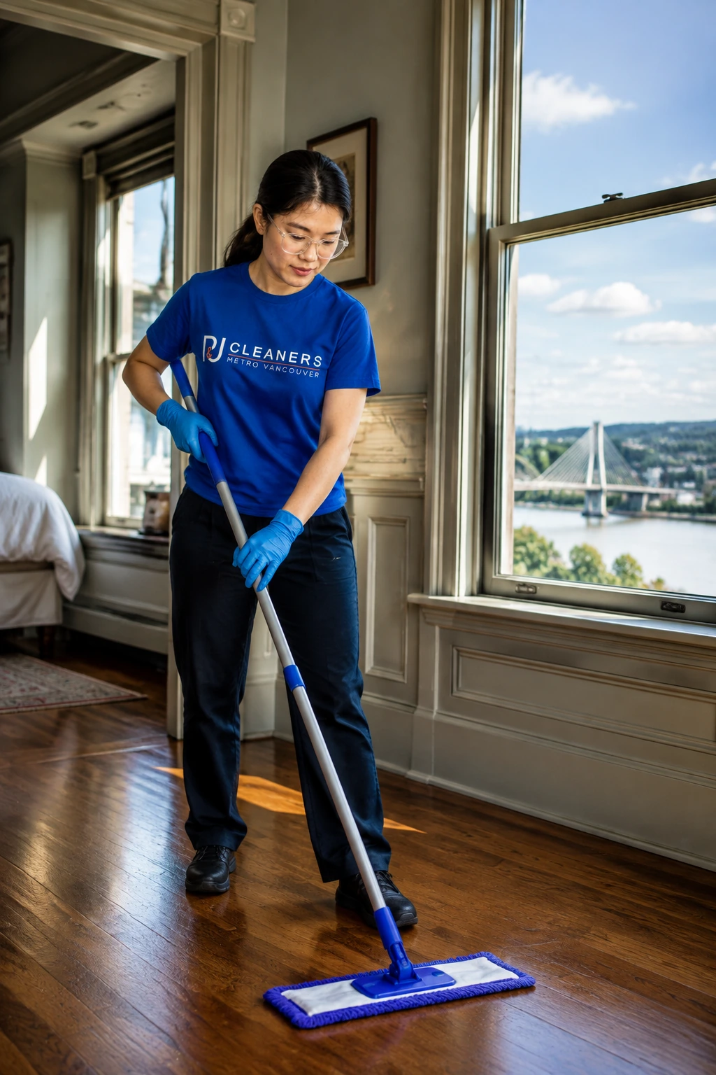 Professional cleaner wiping glass table in modern New Westminster apartment, providing General Cleaning services