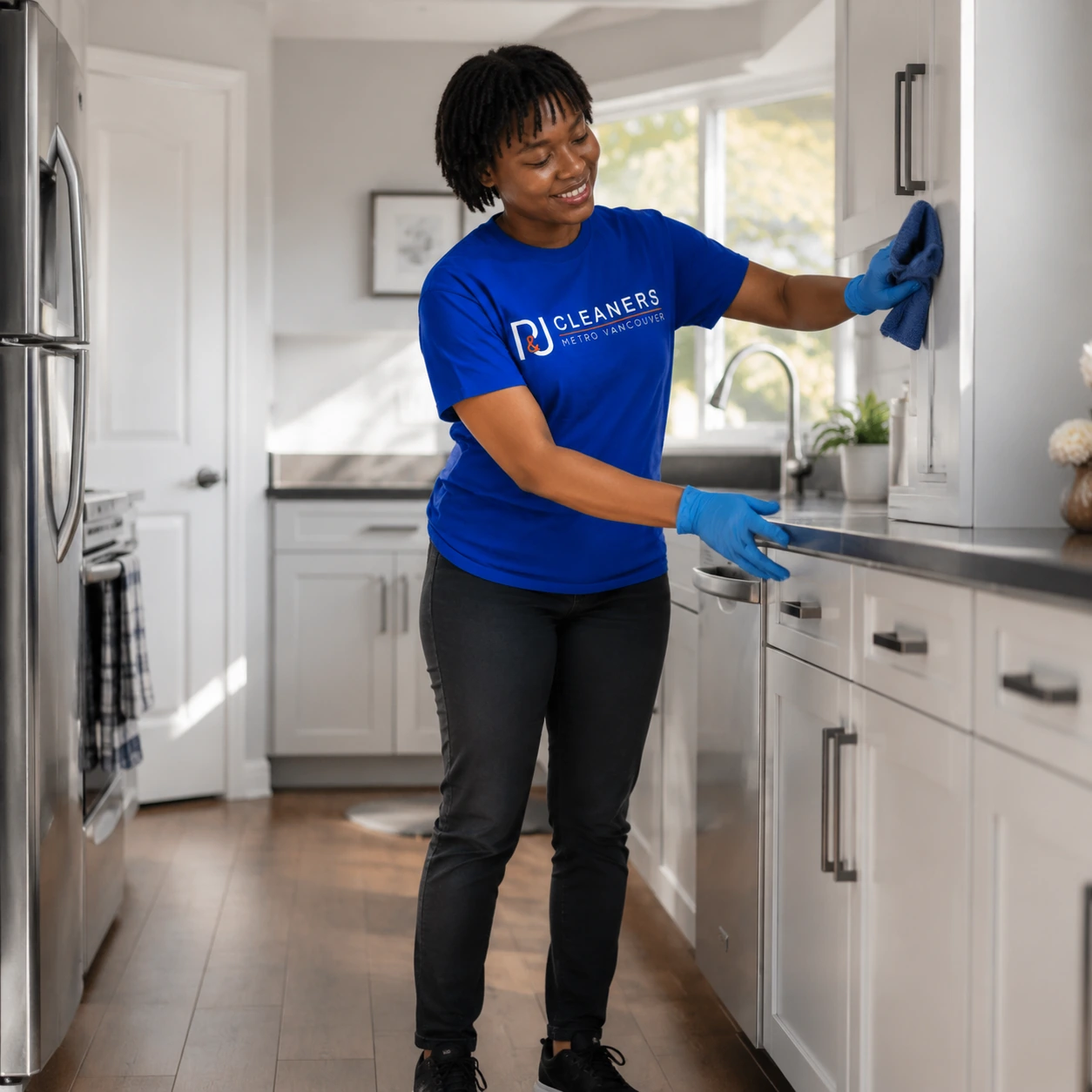 Professional cleaner wiping kitchen countertop and stainless steel refrigerator during a general cleaning service in Newton