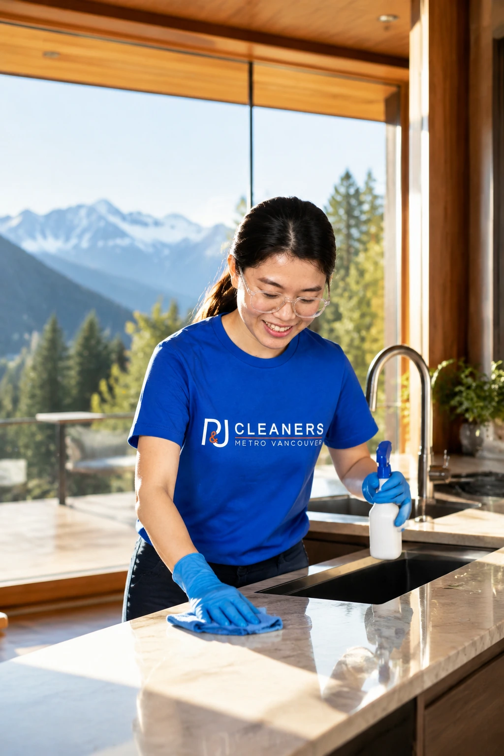 Professional cleaner mops residential deck with mountain view in North Vancouver, showcasing general cleaning services