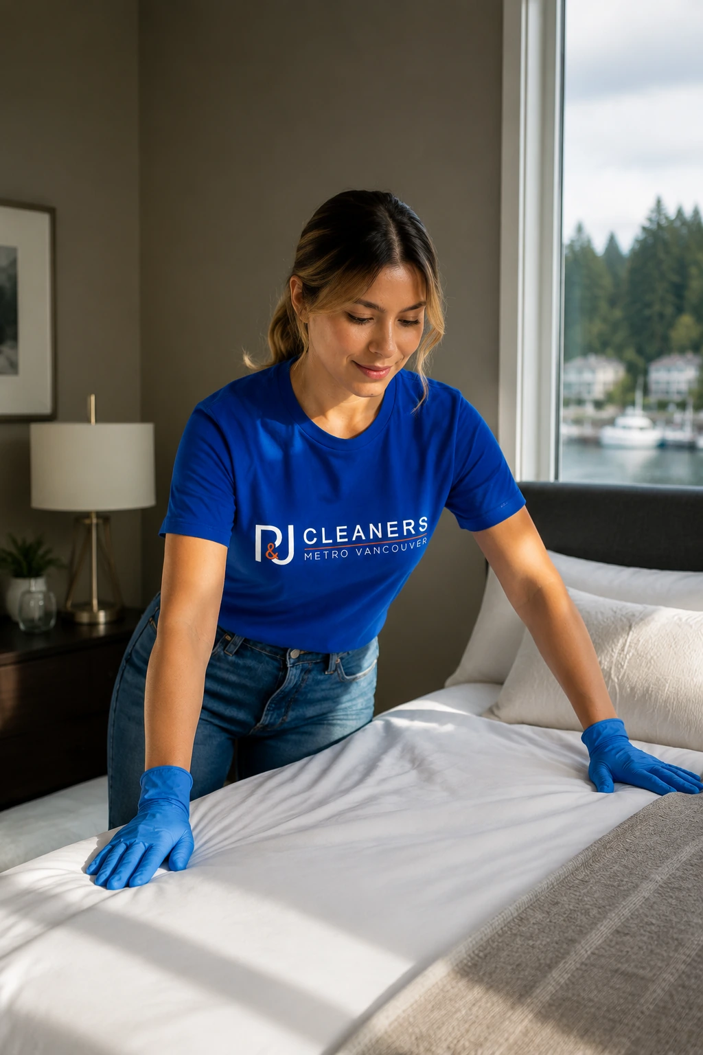 Professional General Cleaning service in Port Moody — cleaner wiping glass table in modern apartment with scenic view