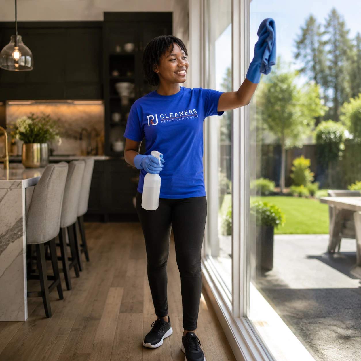 Professional general cleaning service in Walnut Grove — smiling cleaner mops hardwood floor in bright, modern living room