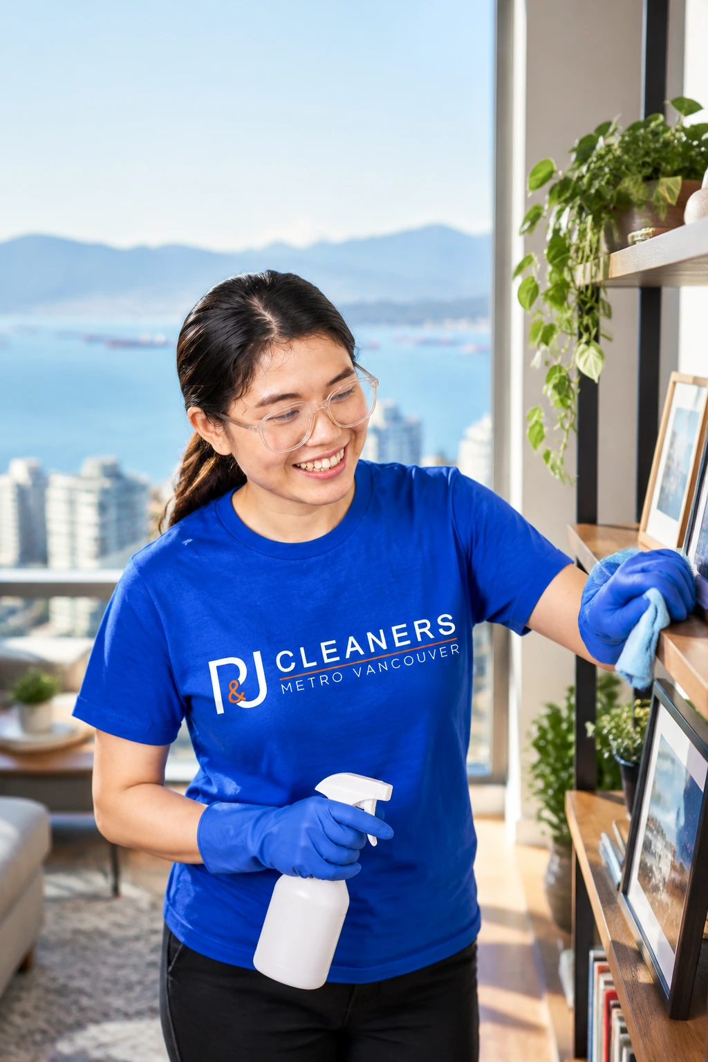 Professional General Cleaning service in West End โ cleaner wiping glass table in modern apartment with scenic city view