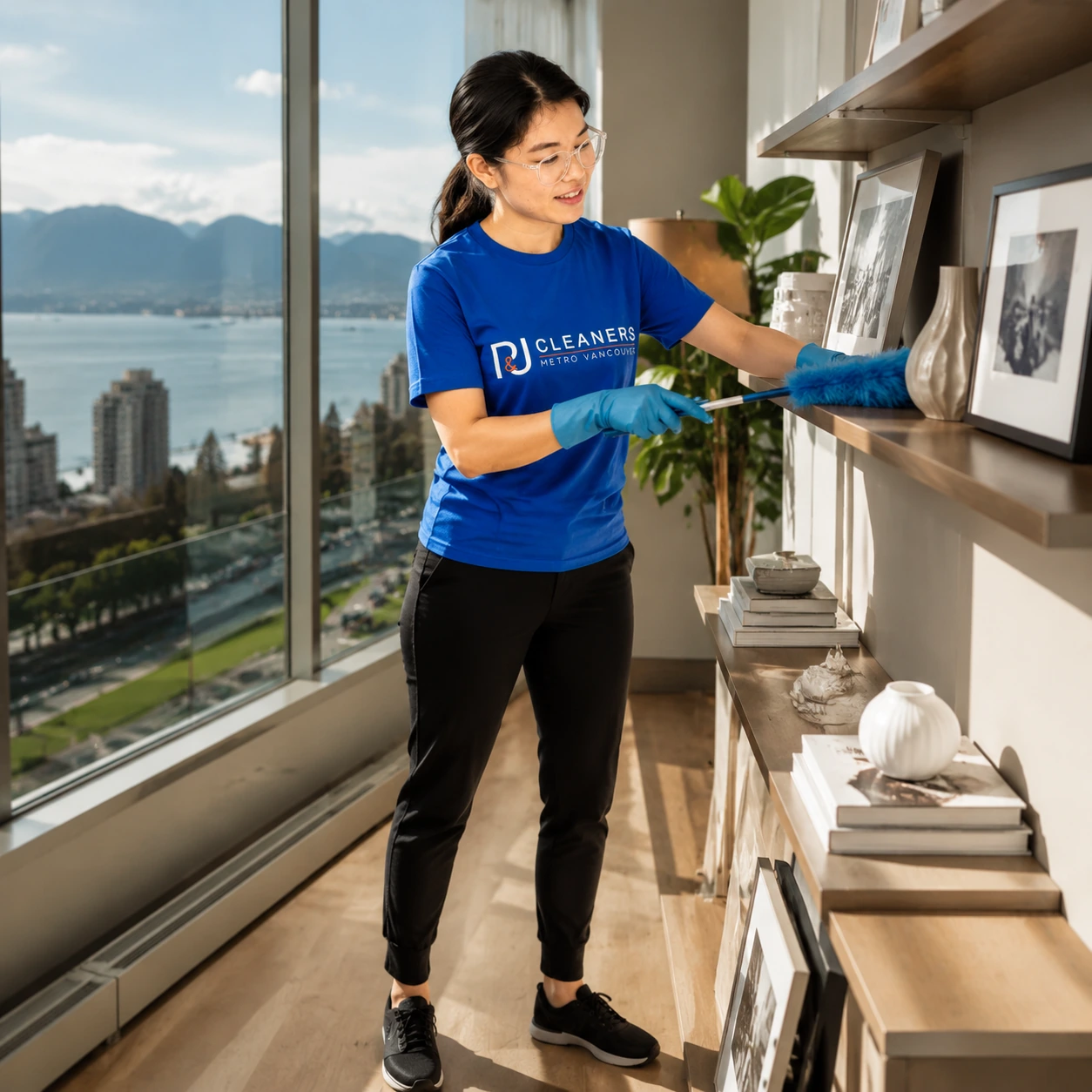 Professional General Cleaning service in West End โ cleaner wiping glass table in modern apartment with scenic city view