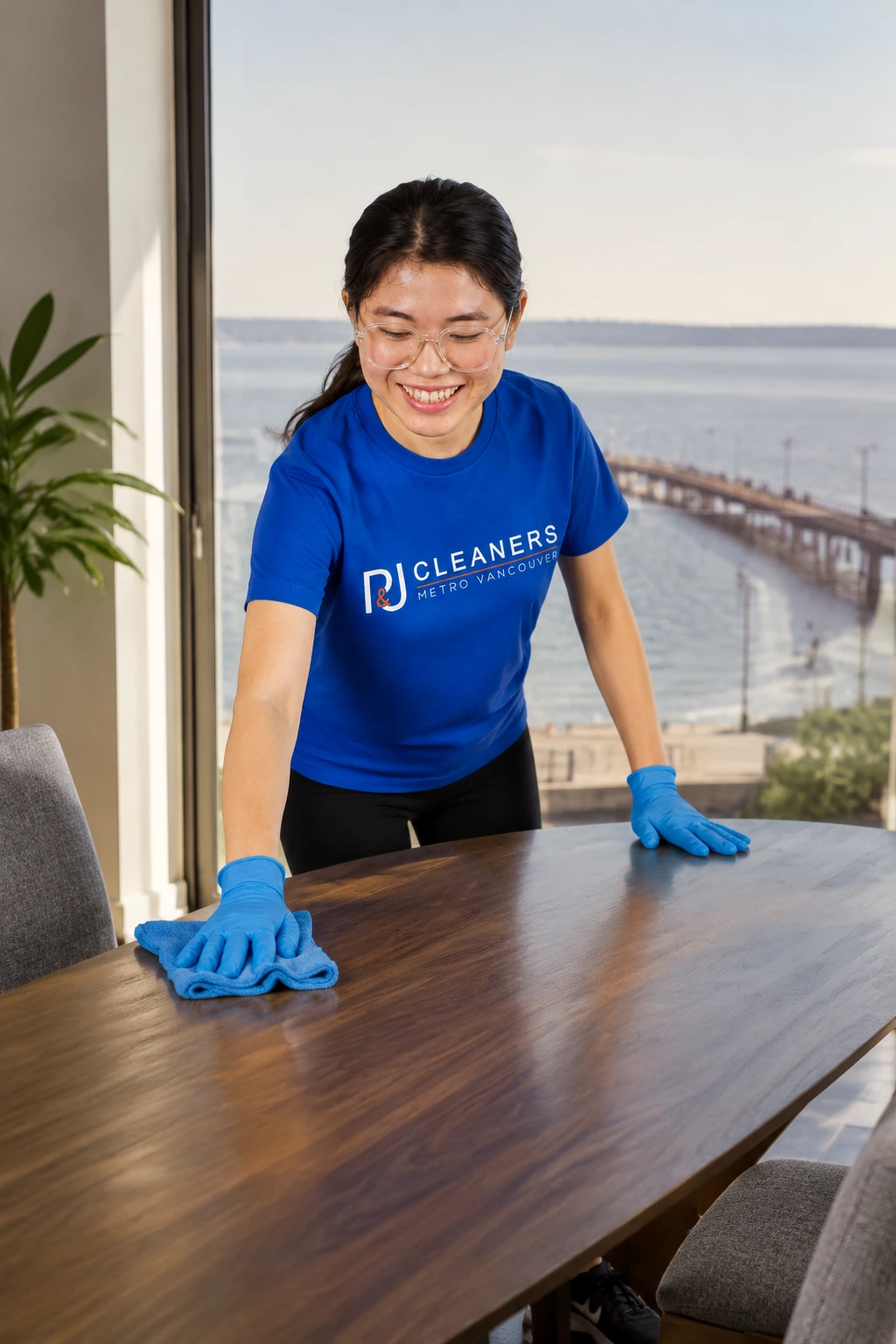 Professional general cleaning service in White Rock — cleaner wiping countertop and stainless steel refrigerator in modern, bright kitchen