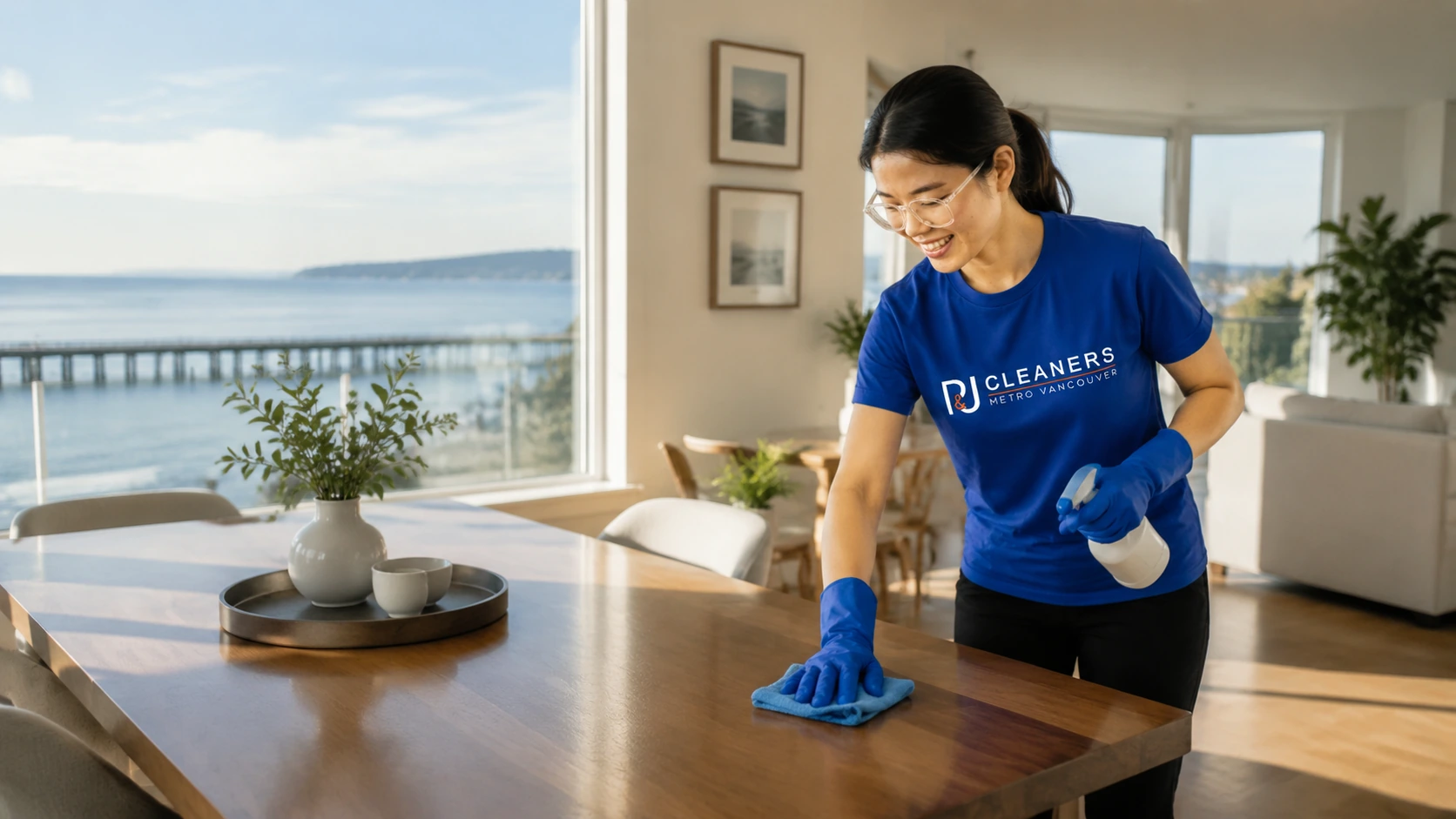 Professional general cleaning service in White Rock — cleaner wiping countertop and stainless steel refrigerator in modern, bright kitchen
