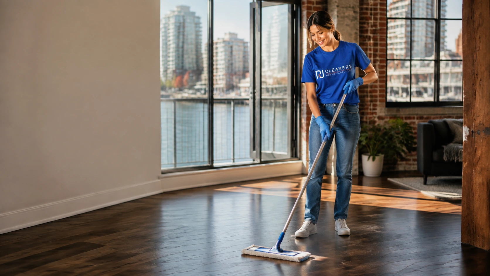 Professional general cleaning service in Yaletown — cleaner wiping glass table in modern apartment with scenic city view